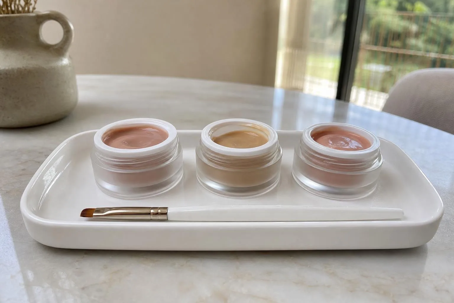 Pincel y botes de gel en tonos nude sobre una bandeja blanca
