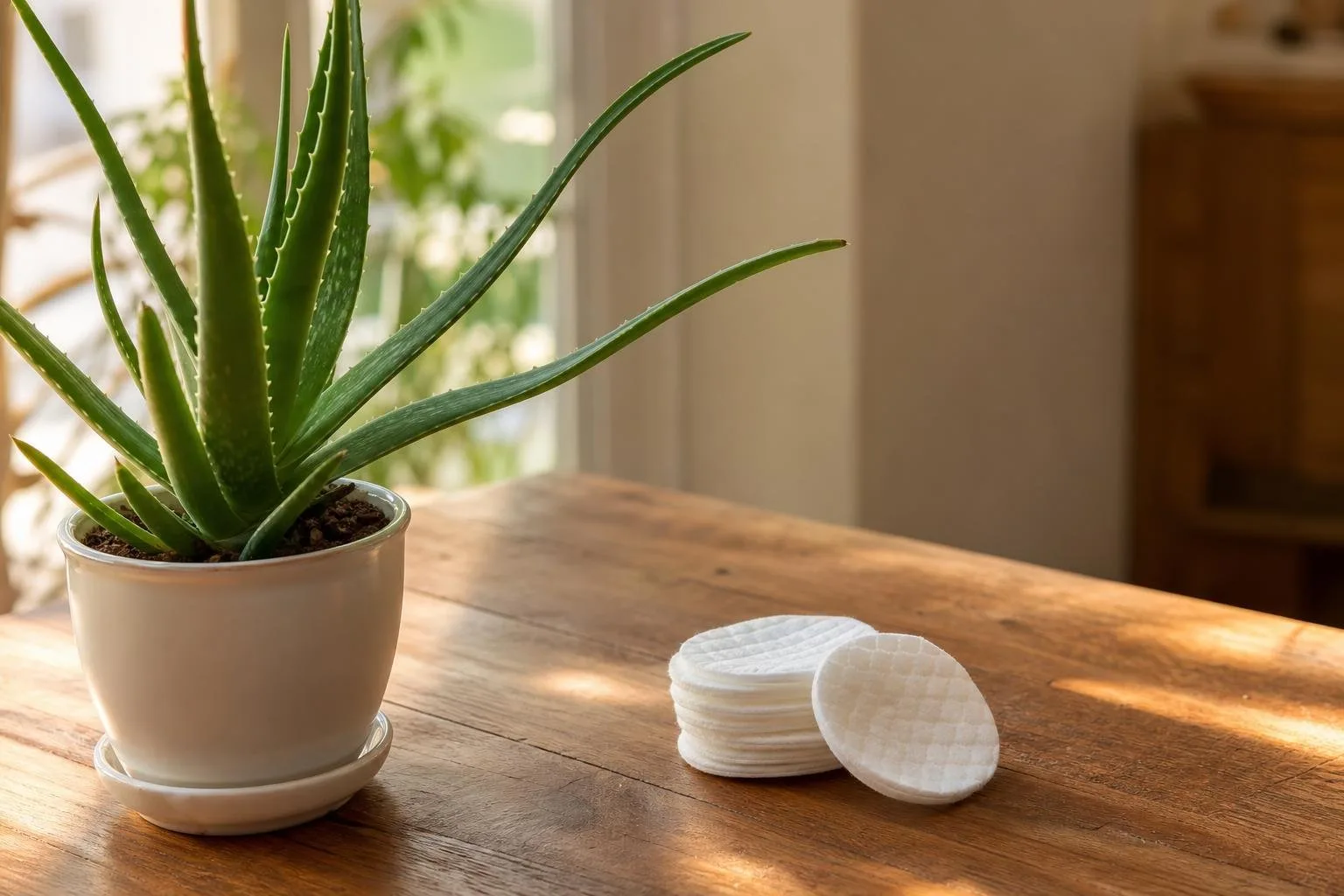 Planta de aloe vera y discos de algodón sobre una mesa de madera