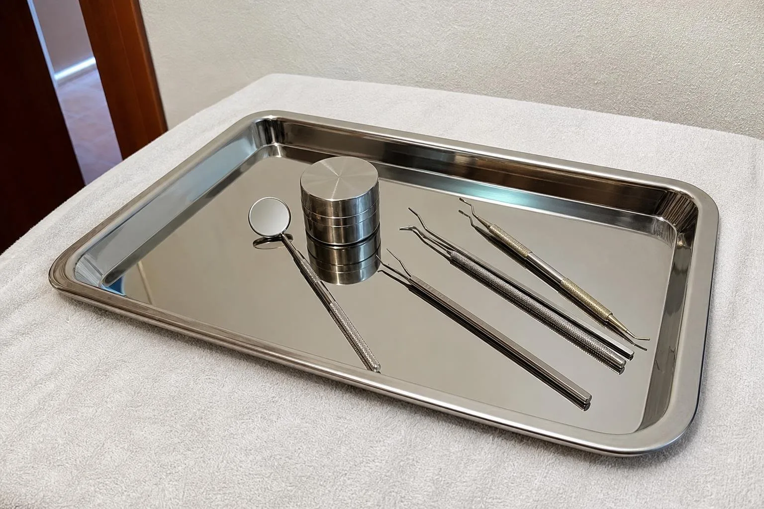 Bandeja de instrumental limpia con espejo y pequeñas herramientas