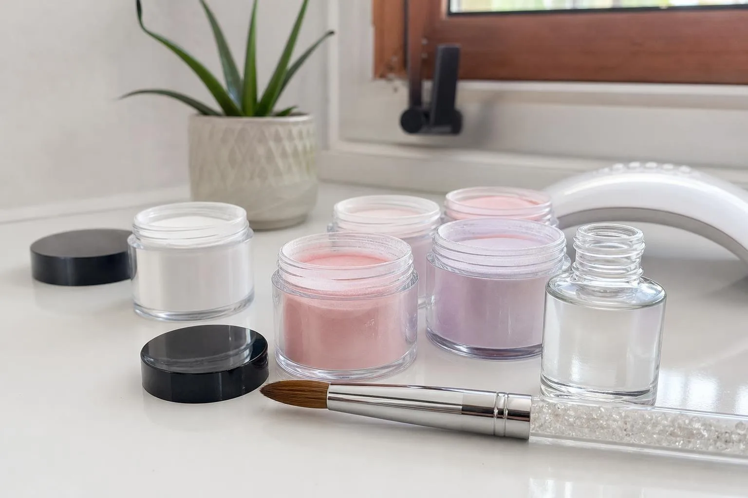 Botes de acrílico y pincel sobre una mesa de manicura