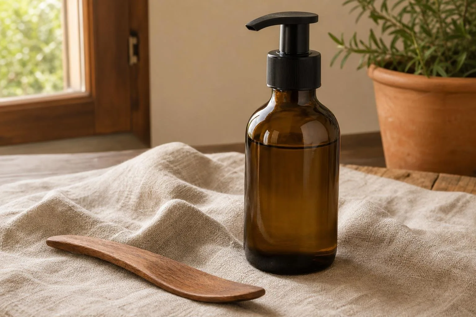 Botella de aceite de masaje con una espátula de madera