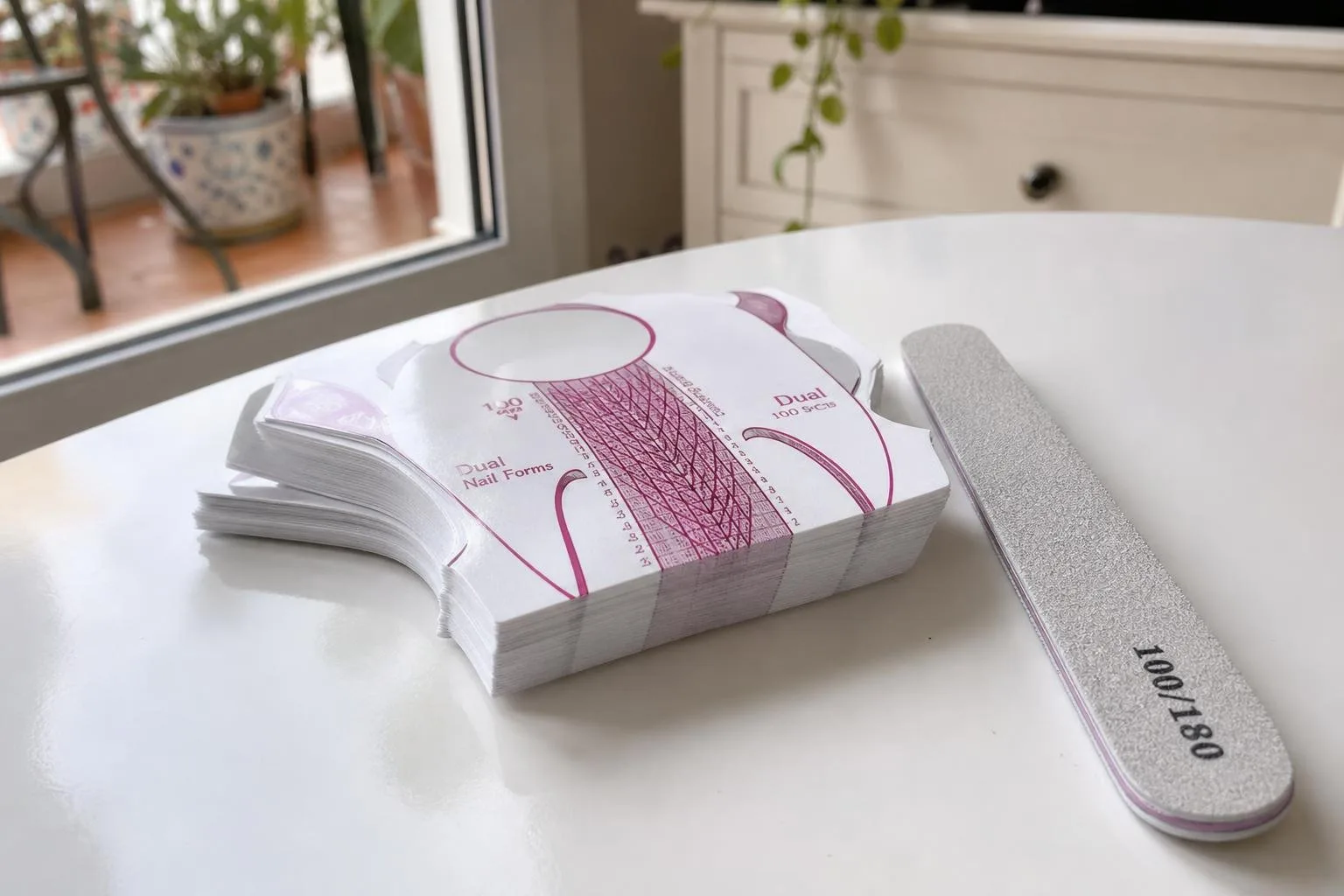Moldes para uñas junto a una lima sobre una mesa limpia