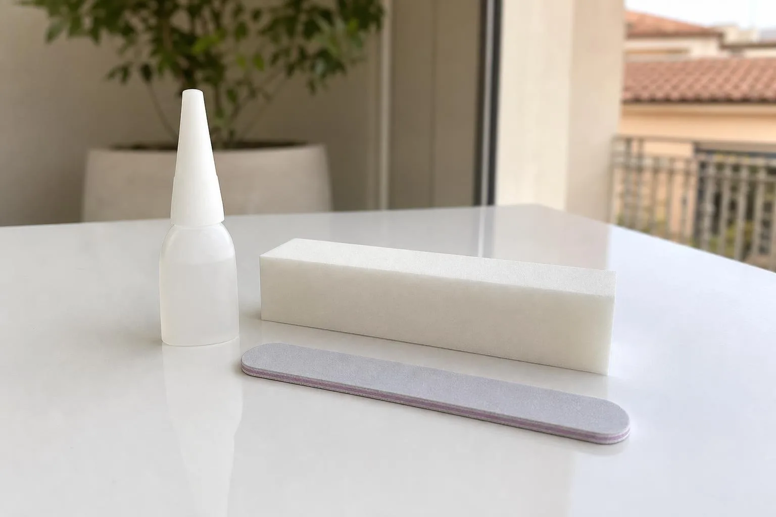 Pegamento, lima y pulidor sobre una mesa blanca