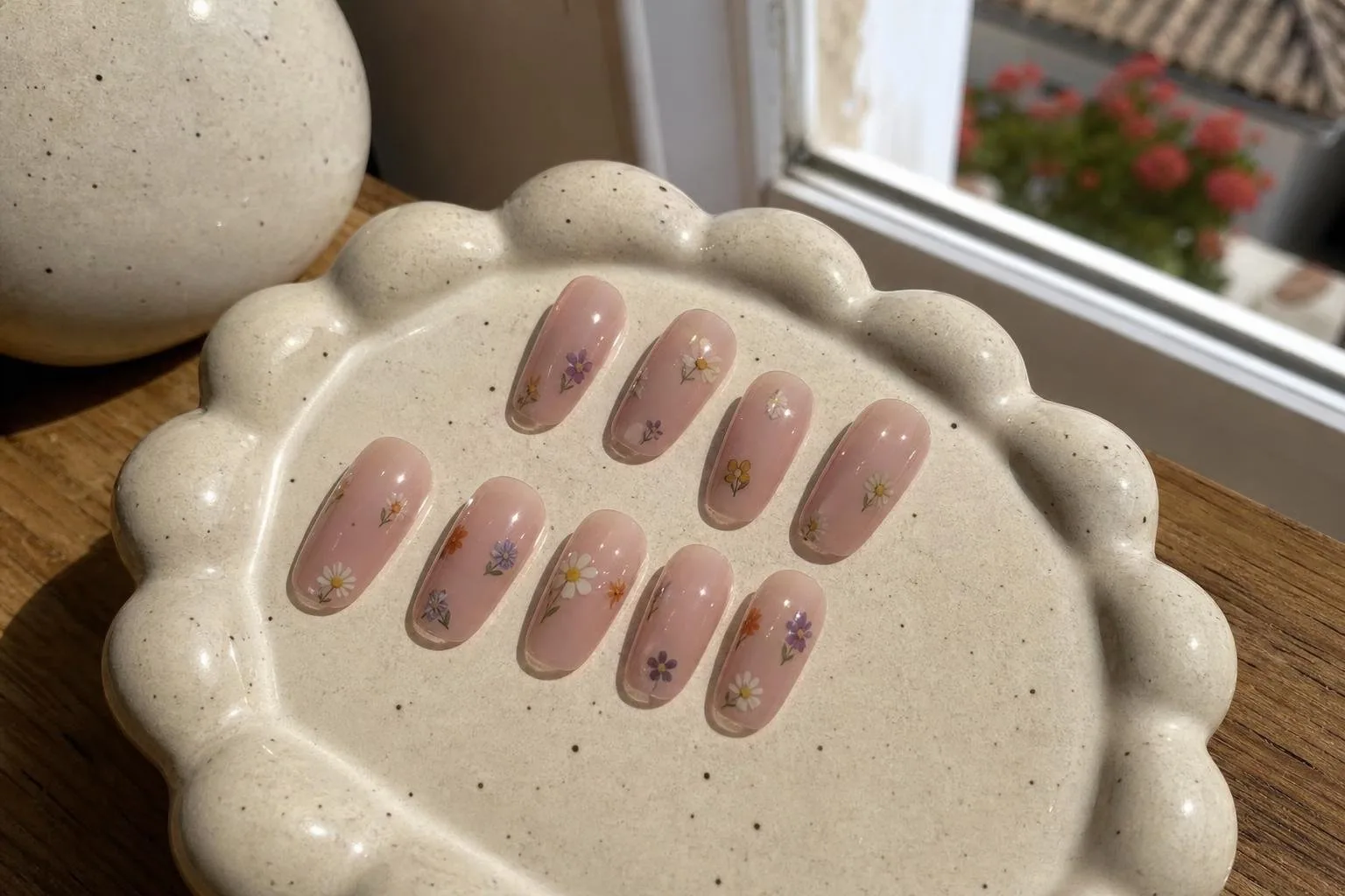 Uñas de gel brillantes con florecitas sobre un plato de cerámica