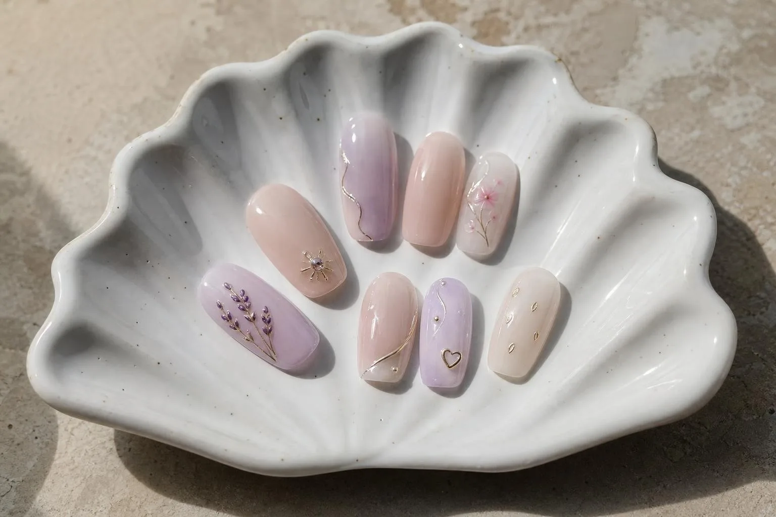 Uñas Press On pastel con diseño sobre un plato de cerámica