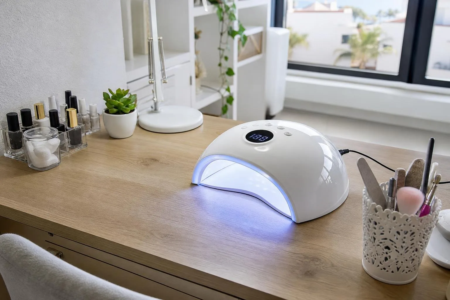 Lámpara LED de uñas sobre una mesa de manicura