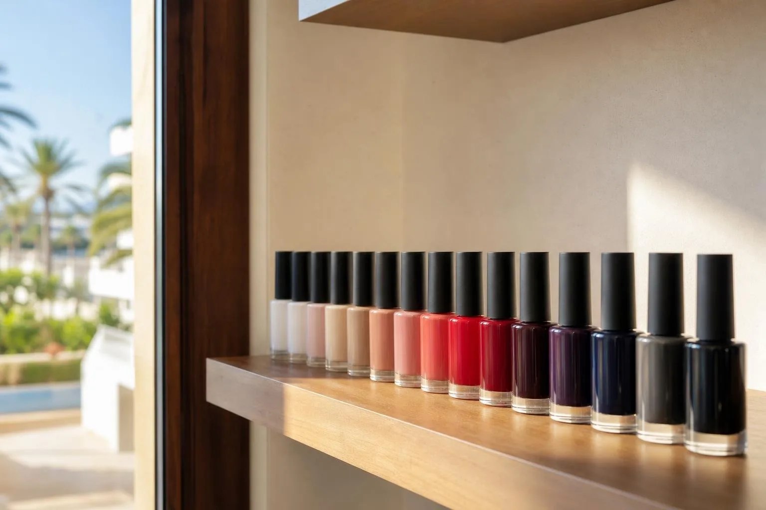 Esmaltes de gel alineados en una balda junto a la ventana