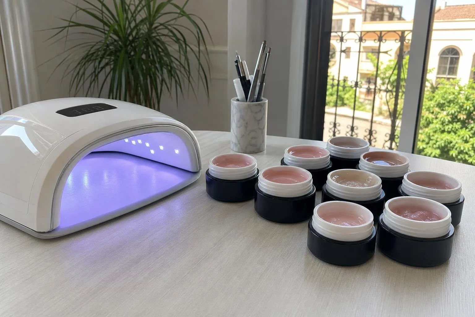 Lámpara LED y botes de gel sobre una mesa de manicura