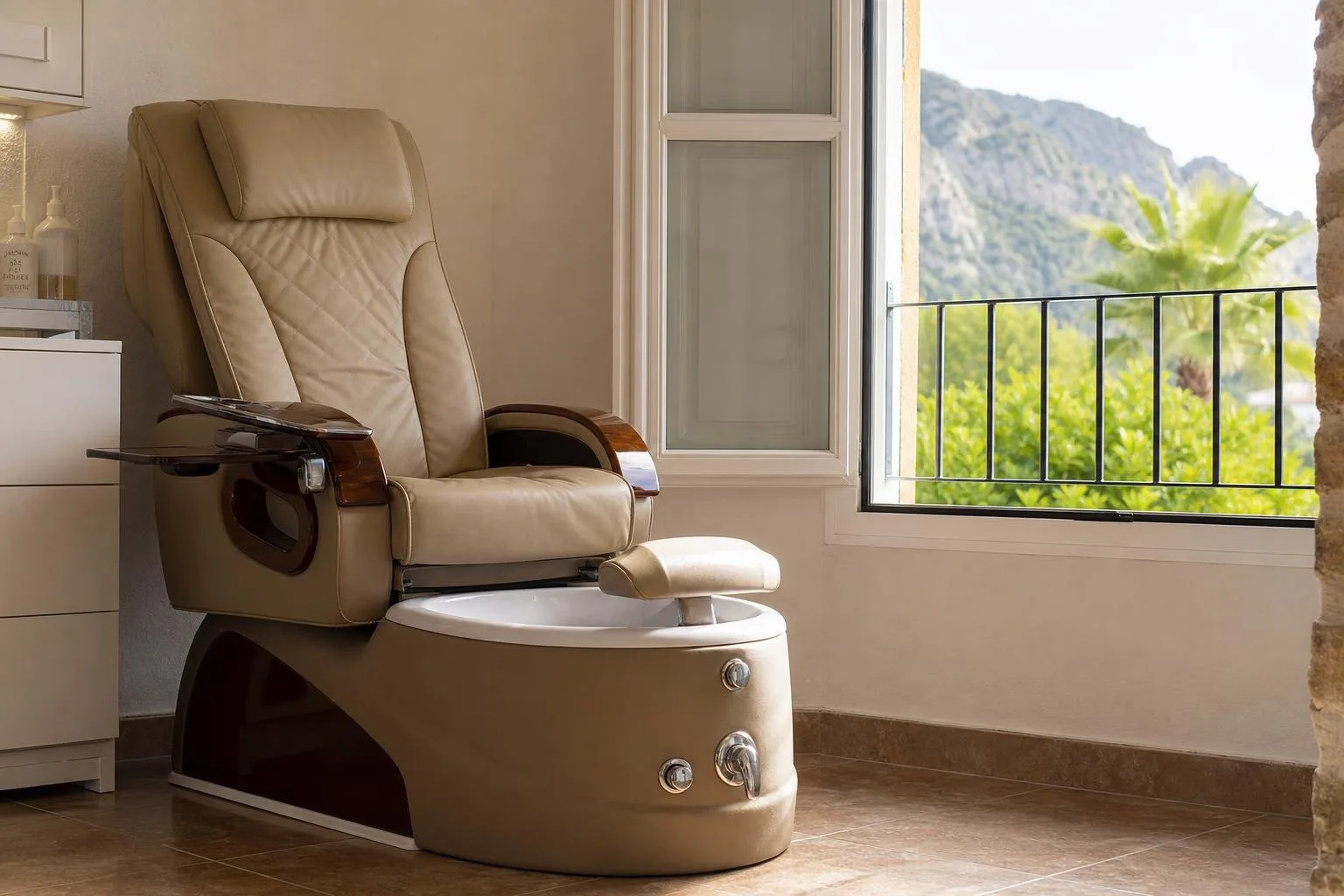 Sillón de pedicura vacío junto a una ventana