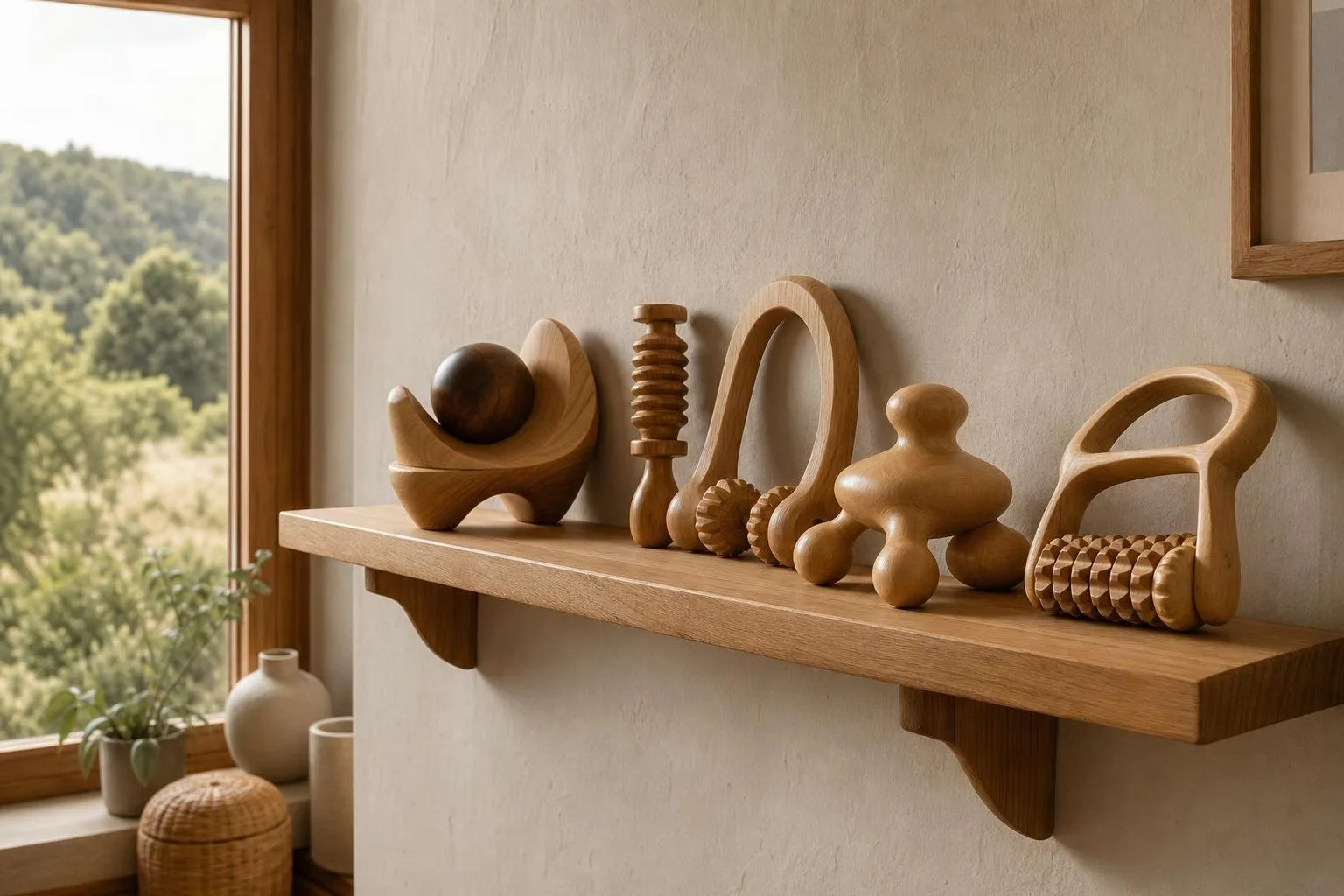 Juego de instrumentos de madera ordenados en una balda