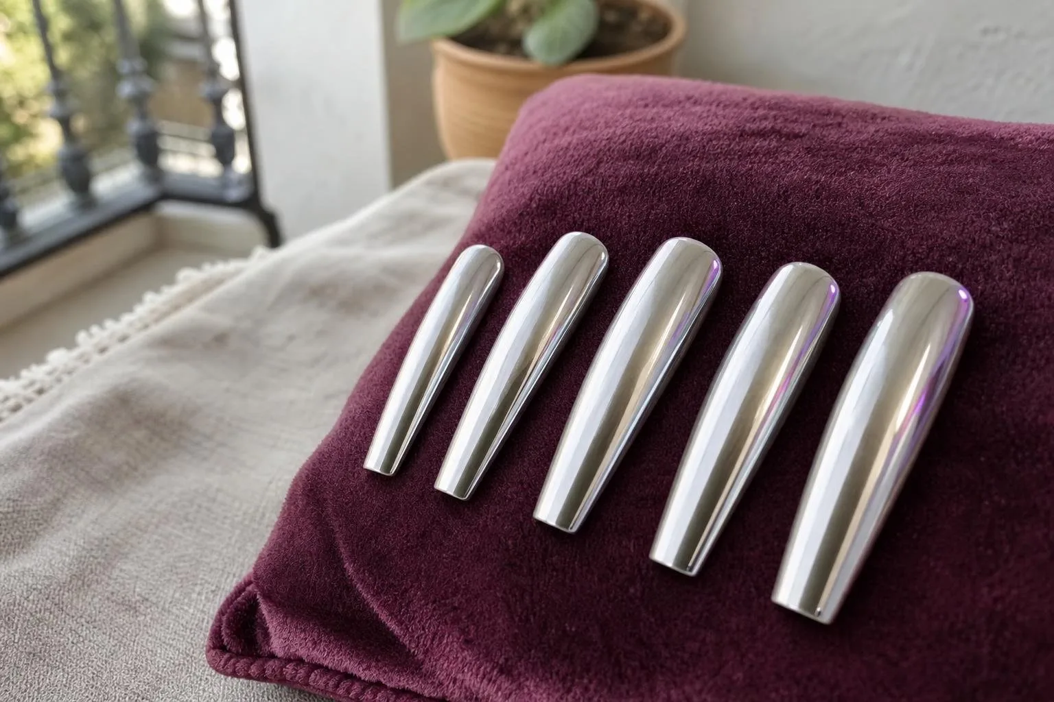 Uñas acrílicas largas con acabado cromado sobre un cojín de terciopelo