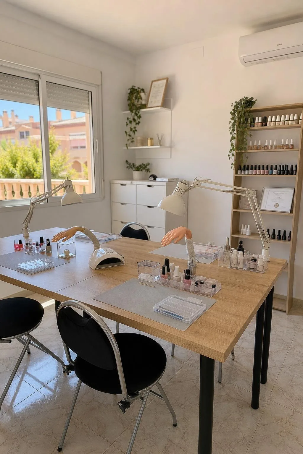 Mesa de formación con manos de práctica y kits de uñas