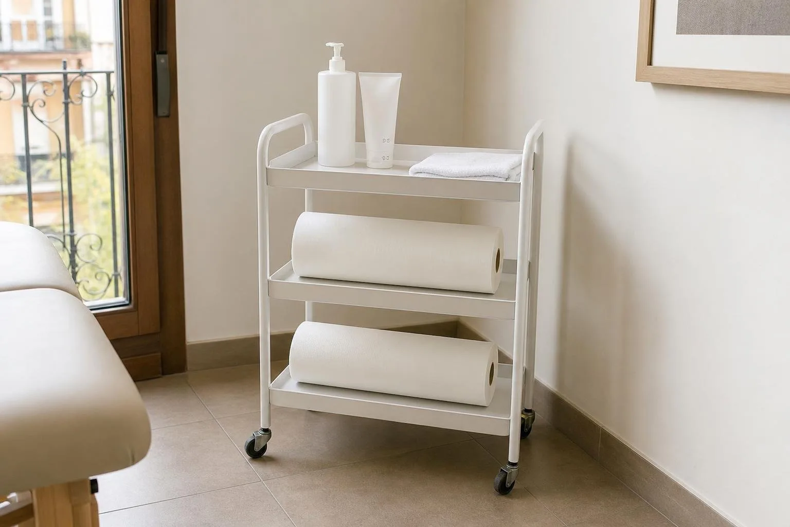 Carrito con gel frío y rollos de papel en la cabina