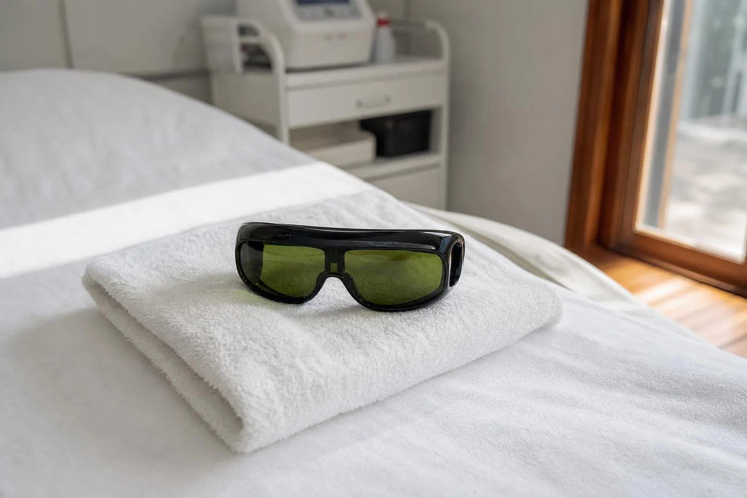 Gafas de protección sobre una toalla doblada en la camilla