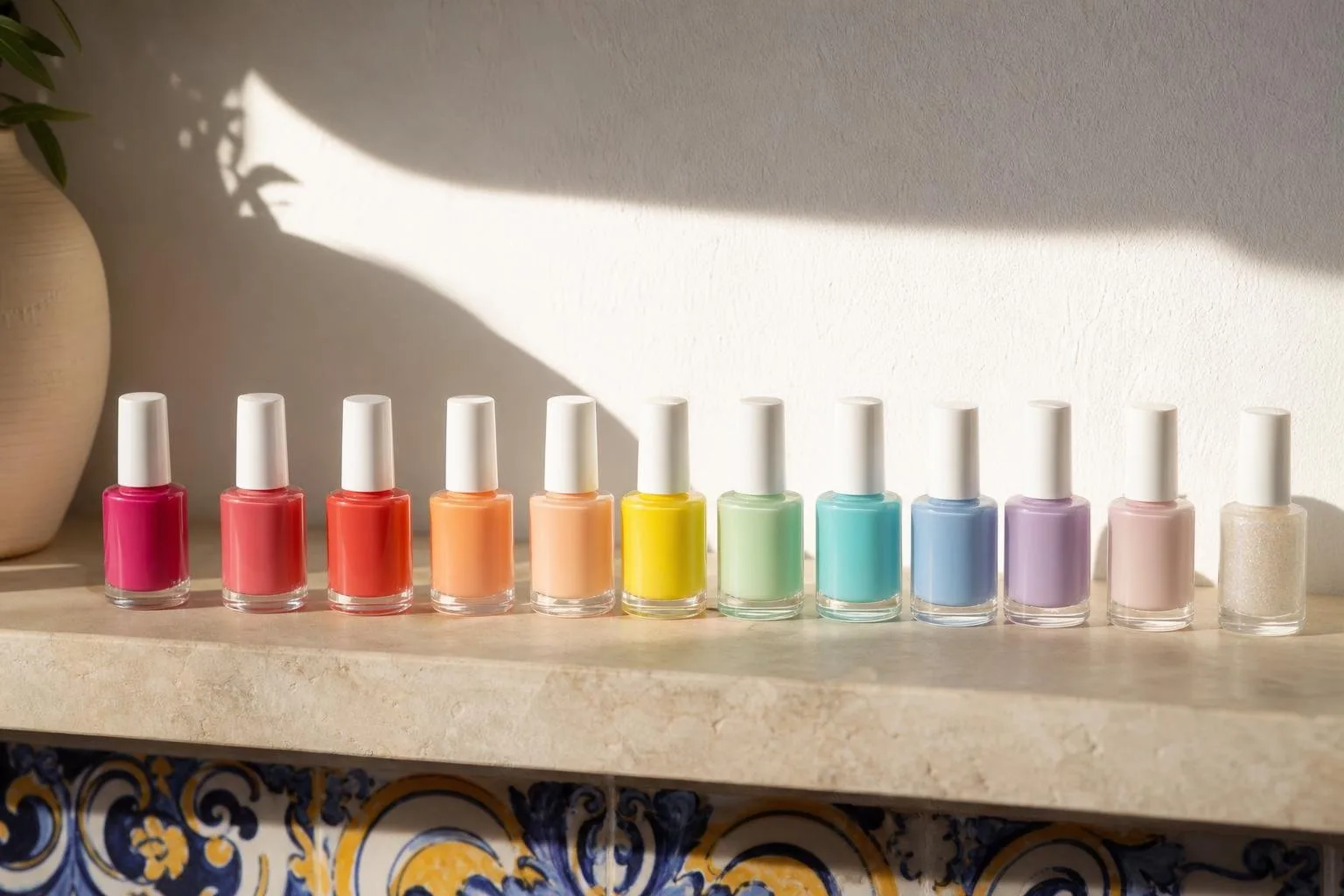 Fila de esmaltes de colores de verano sobre una balda